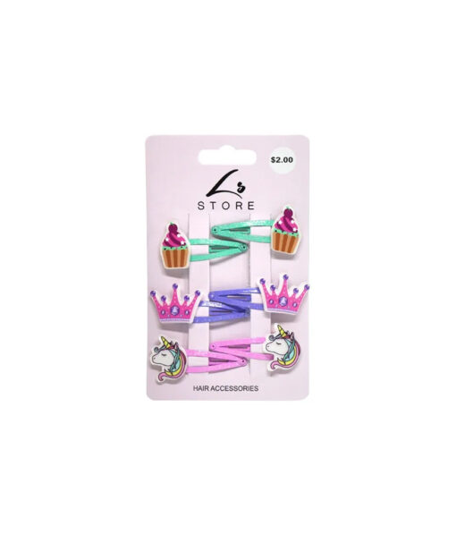 Hair clips in teal, purple, and light pink colour coming with cupcake, crown, and unicorn designs in pack of 6