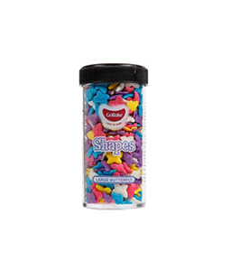 Gobake shaped sprinkles in "large butterfly" design in blue, red, purple, yellow, and white colour mix in clear plastic container of size 45g and black lid