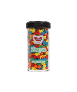 Gobake shaped sprinkles in "jumbo confetti" design in rainbow yellow, red, blue, and green colour mix in clear plastic container of 45g and black lid