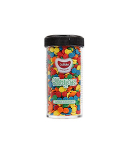 Gobake shaped sprinkles in "jumbo confetti" design in rainbow yellow, red, blue, and green colour mix in clear plastic container of 45g and black lid