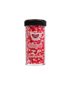 Gobake shaped sprinkles in "mini valentine hearts" design and pink, red, and white colour mix in clear plastic container of 45g and black lid