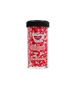 Gobake shaped sprinkles in "mini valentine hearts" design and pink, red, and white colour mix in clear plastic container of 45g and black lid