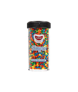Gobake shaped sprinkles "super mini sequin" design in rainbow colour mix of yellow, green, blue, orange and red in clear plastic container of 45g and black lid
