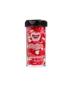 Gobake shaped sprinkles in "jumbo valentines" heart design and red, pink and white colour mix in clear plastic container of 45g and black lid