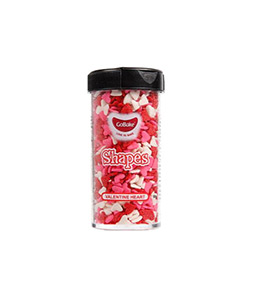 Gobake shaped sprinkles "valentine heart" theme in mixed red colour palette of red, pink and white in clear plastic container of 45g and black lid