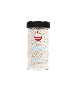 Gobake shaped sprinkles in "snowflake" theme with white colour and in clear plastic container of 45g and black lid