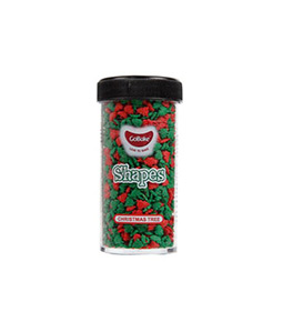 Gobake shaped sprinkles in "Christmas tree" design in green and red colour in clear plastic container of size 45g and black lid