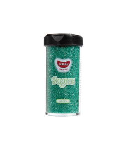 Gobake green sanding sugar in clear plastic container of weight 75g and black lid