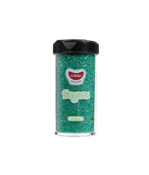 Gobake green sanding sugar in clear plastic container of weight 75g and black lid