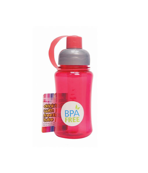 Hot pink BPA free plastic drink bottle with freezing ice tube for sports in single pack and coming in size of 300ml