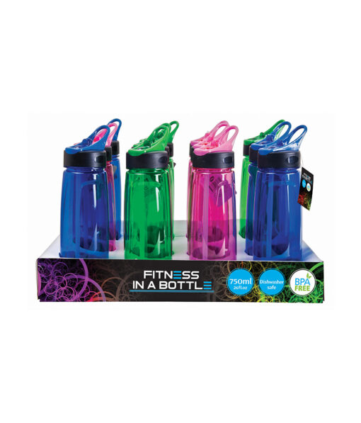 Plastic sports drink bottle in blue, green, and pink colours in size of 750ml coming in pack of 12