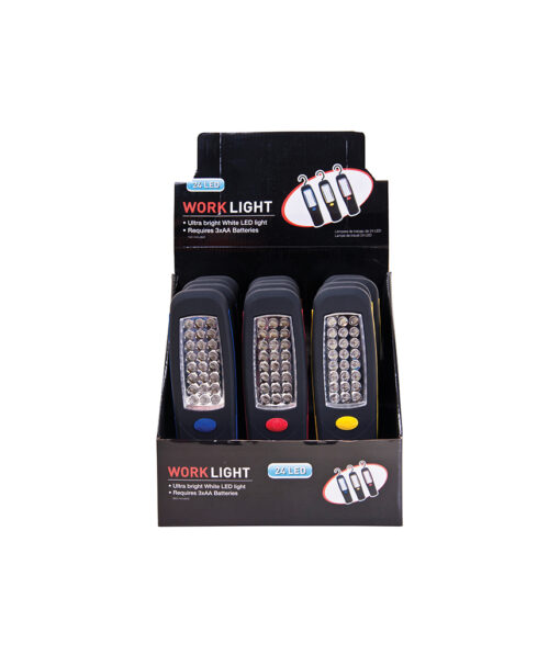 Work lights in assorted case colour of blue, red, and yellow with ultra bright white LED lights and coming in pack of 12