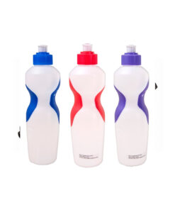 Plastic sports drink bottle in blue, red and purple colours