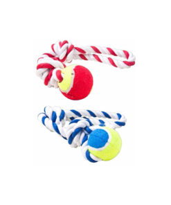 Dog rope toy with ball in red and blue colour and 45cm length