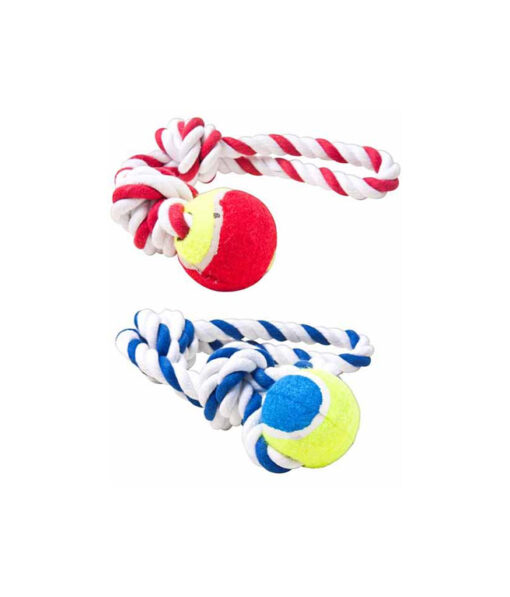 Dog rope toy with ball in red and blue colour and 45cm length
