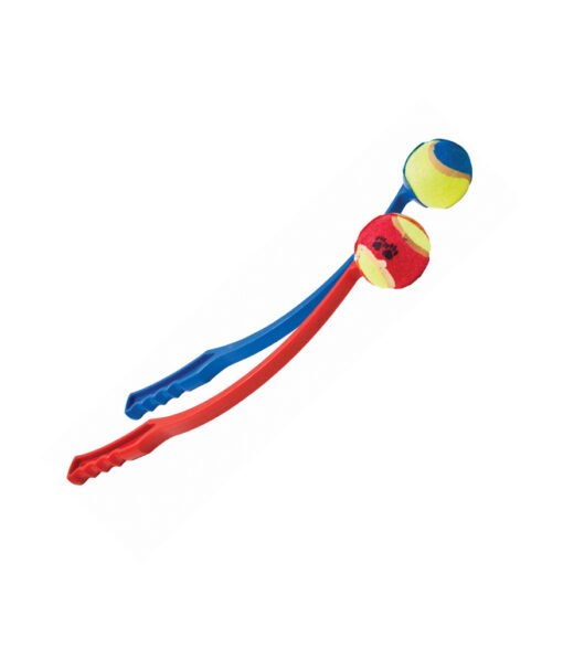 Plastic dog ball chucker toy in blue and red colour