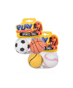 Sports ball pet toy in pack of 2 with soccer ball, basket ball, and baseball designs