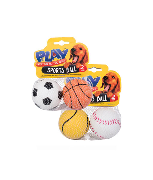 Sports ball pet toy in pack of 2 with soccer ball, basket ball, and baseball designs