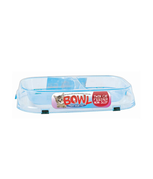 Twin cat feeder bowl in clear light blue plastic