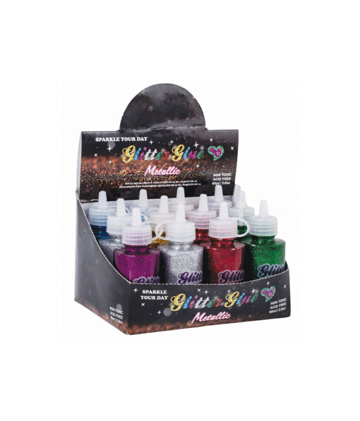Metallic colour glitter glue in assorted colours of blue, red, green, hot pink, silver, and gold in capacity of 60ml and coming in pack of 12