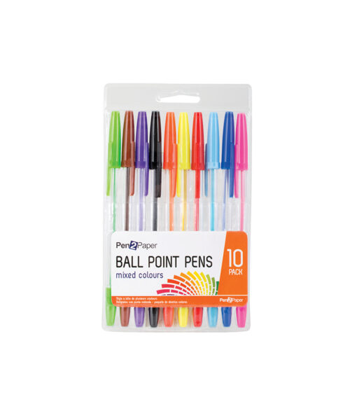 Mixed colour ball point pens in green, brown, purple, black, orange, yellow, red, light blue, dark blue, and pink colours coming in pack of 10