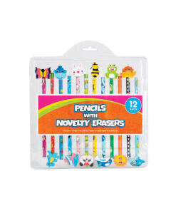 Pencils with novelty erasers in butterfly, dinosaur, monkey, fish, rabbit, panda, bee, shark, frog, lion, and dinosaur designs in pack of 12