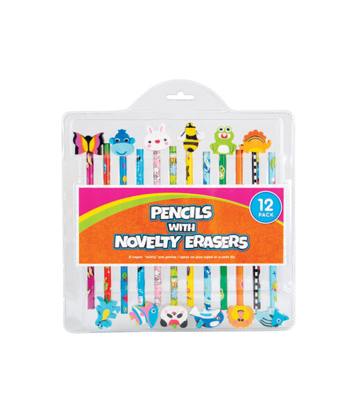 Pencils with novelty erasers in butterfly, dinosaur, monkey, fish, rabbit, panda, bee, shark, frog, lion, and dinosaur designs in pack of 12