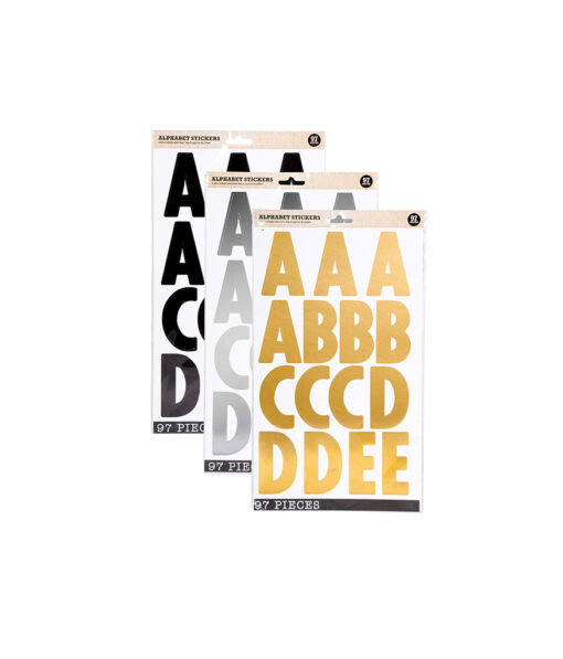 Alphabet stickers in gold, silver, and black colours coming in pack of 97 pieces
