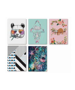 Hardcover A4 notebooks in assorted designs of white with panda with aviator sunglasses, light blue with dreamcatcher, pink with sloth and flowers, black and white stripes with blue triangle, and space design with mandala