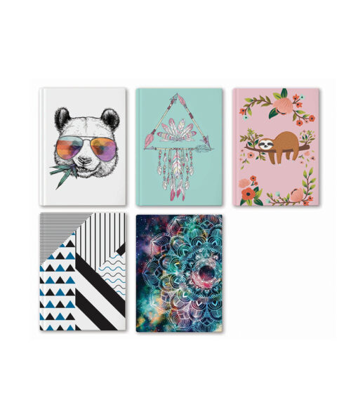 Hardcover A4 notebooks in assorted designs of white with panda with aviator sunglasses, light blue with dreamcatcher, pink with sloth and flowers, black and white stripes with blue triangle, and space design with mandala