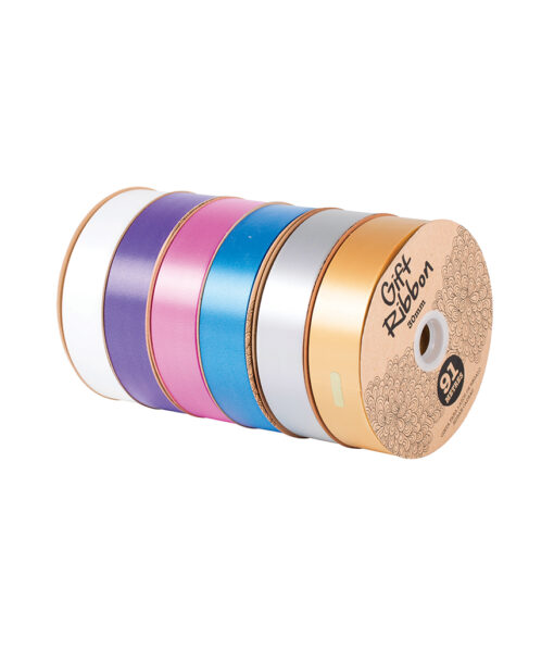 Plain gift ribbon roll in assorted colours of gold, silver, blue, pink, purple, and white in size of 30mm x 91.4m