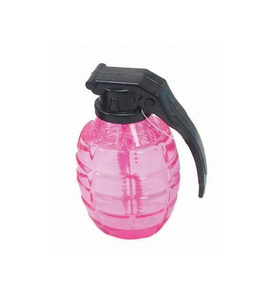 Grenade design spray bottle in clear pink plastic colour with black spray head