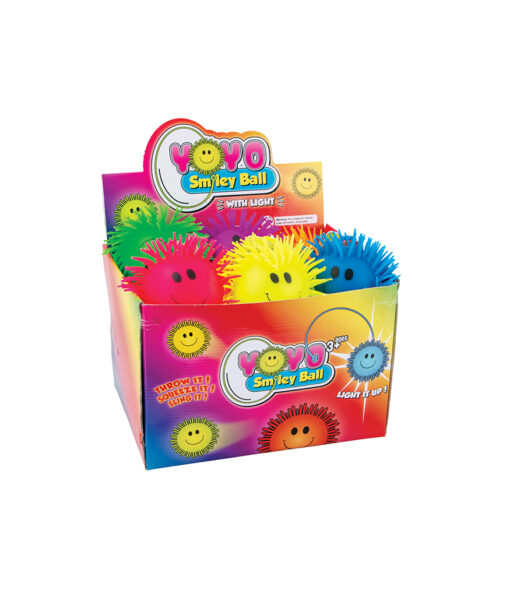 Yoyo squeezey smiley ball in assorted colour, green, hot pink, orange, purple, yellow and blue includes light