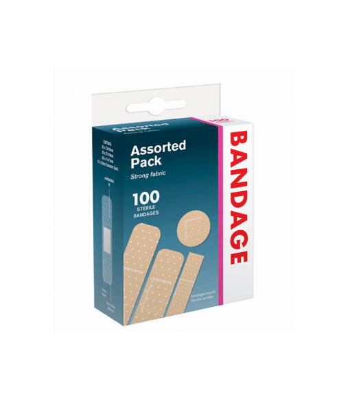 Assorted strong fabric bandages band-aids in pack of 100 sterile bandages