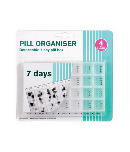 Pill organiser detachable 7 day pill box for 4 daily doses for morning, noon, evening, and bed