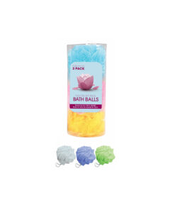 Nylon sponge bath balls loofahs in assorted colours of blue, pink, yellow, white, purple, and green coming in pack of 3