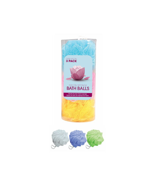 Nylon sponge bath balls loofahs in assorted colours of blue, pink, yellow, white, purple, and green coming in pack of 3