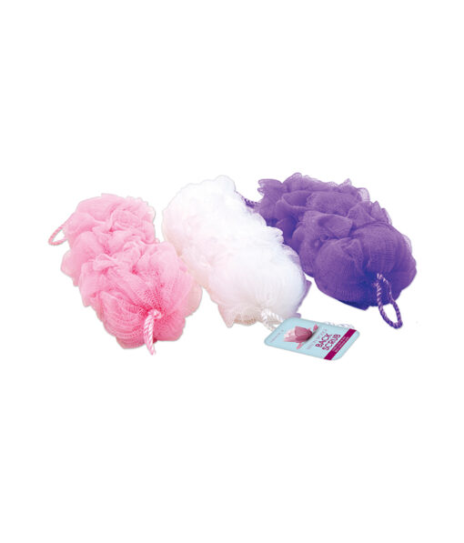 Loofah shower scrub in pink, white, and purple assorted colours