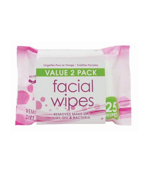 Facial wipes for make0up, dirt, oil, and bacteria in pink packaging coming with 25 wipes