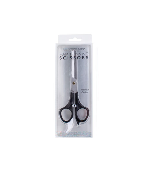 Hair thinning scissors with black handle and stainless steel blades