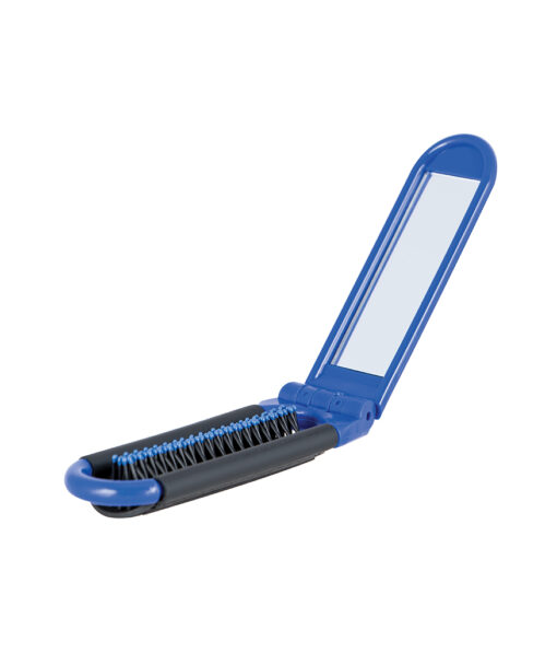 Folding hair brush in blue colour with mirror attachment