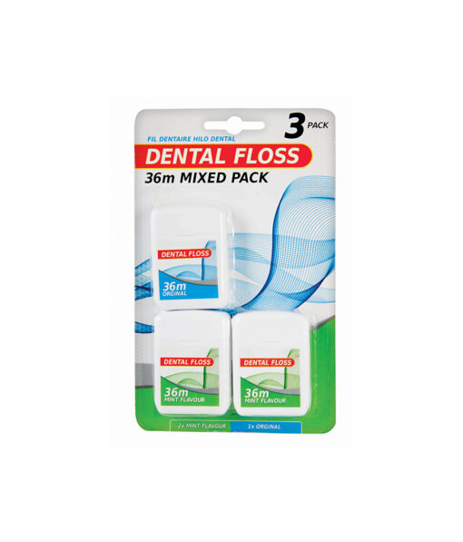 Dental floss in pack of 3 with 1x original flavour and 2x mint flavour in length of 36m