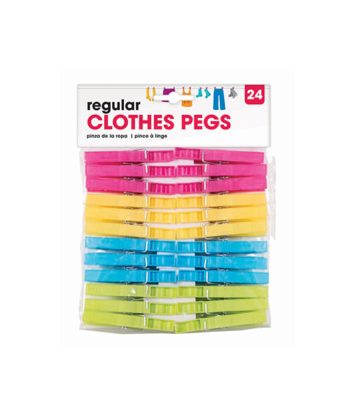 Regular size plastic clothes pegs in hot pink, yellow, light blue, and lime green colour coming in pack of 24