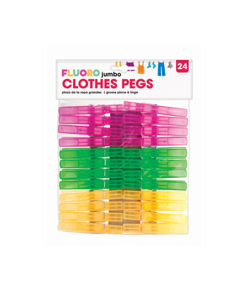 Fluorescent jumbo clothes pegs in pink, green, and yellow colour coming in pack of 24