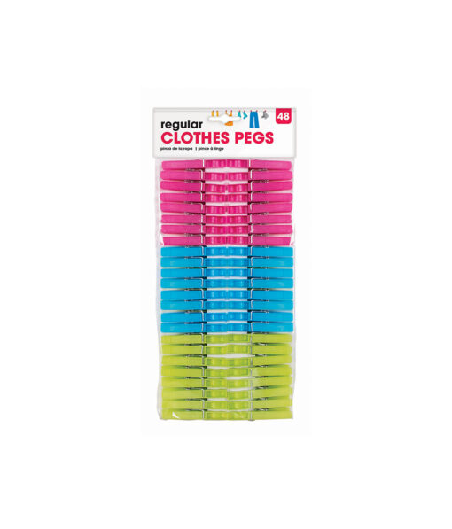 Plastic clothes pegs in hot pink, blue, and lime green colours coming in pack of 48