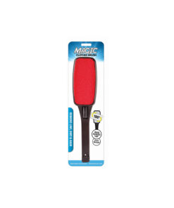 Magic clothes brush to remove lint, dirt, and hair in black colour with red bristles with rotating head