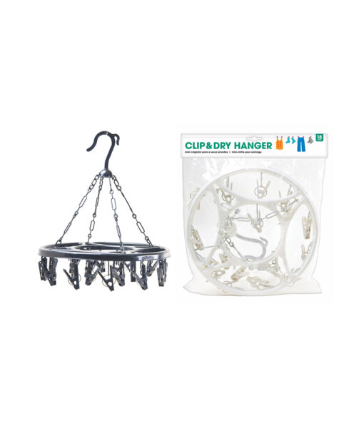 Clip & dry circular clothes hanger and dryer with 18 clips