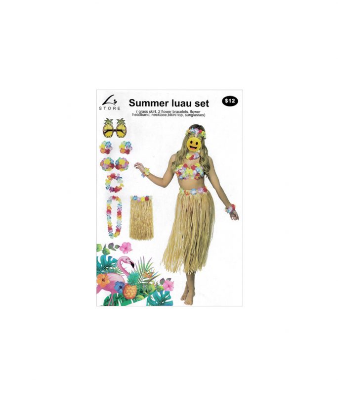 Costume Hawaiian Plastic Grass Skirt, Flower Lais, And Tropical Print  Bikini Set