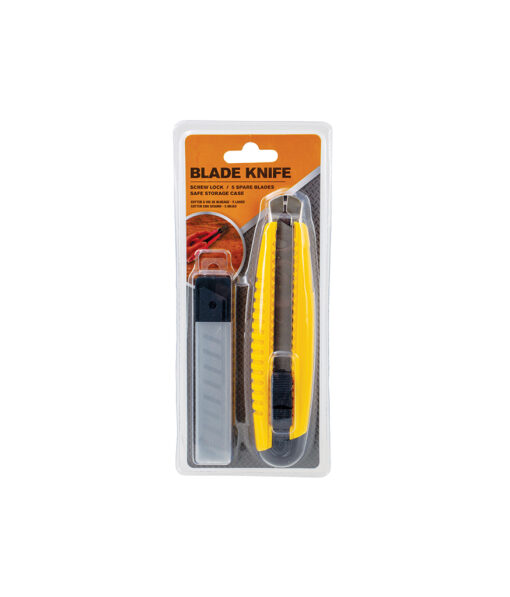 Snap blade knife utility knife in yellow colour with screw lock design, 5 spare blades and safe storage case