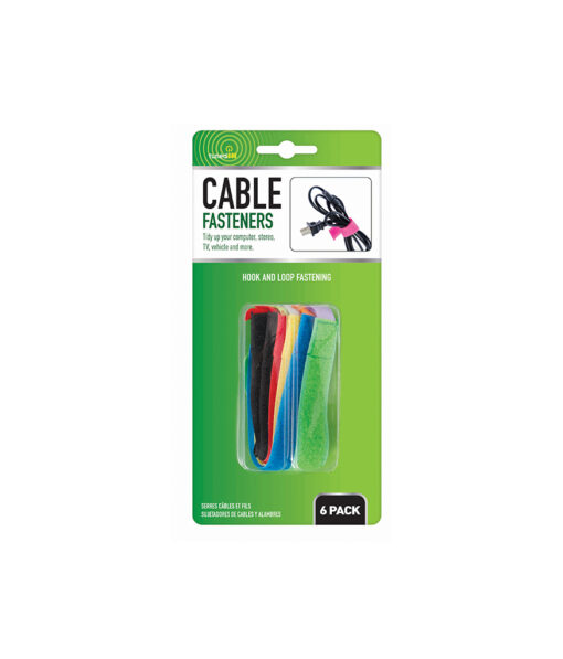 Cable fasteners with hook and loop velcro design in black, red, yellow, green, orange, and blue colour coming in pack of 6